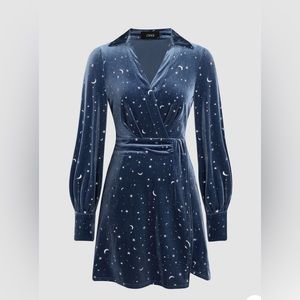 Velvet blue dress with silver star and moon embroidery